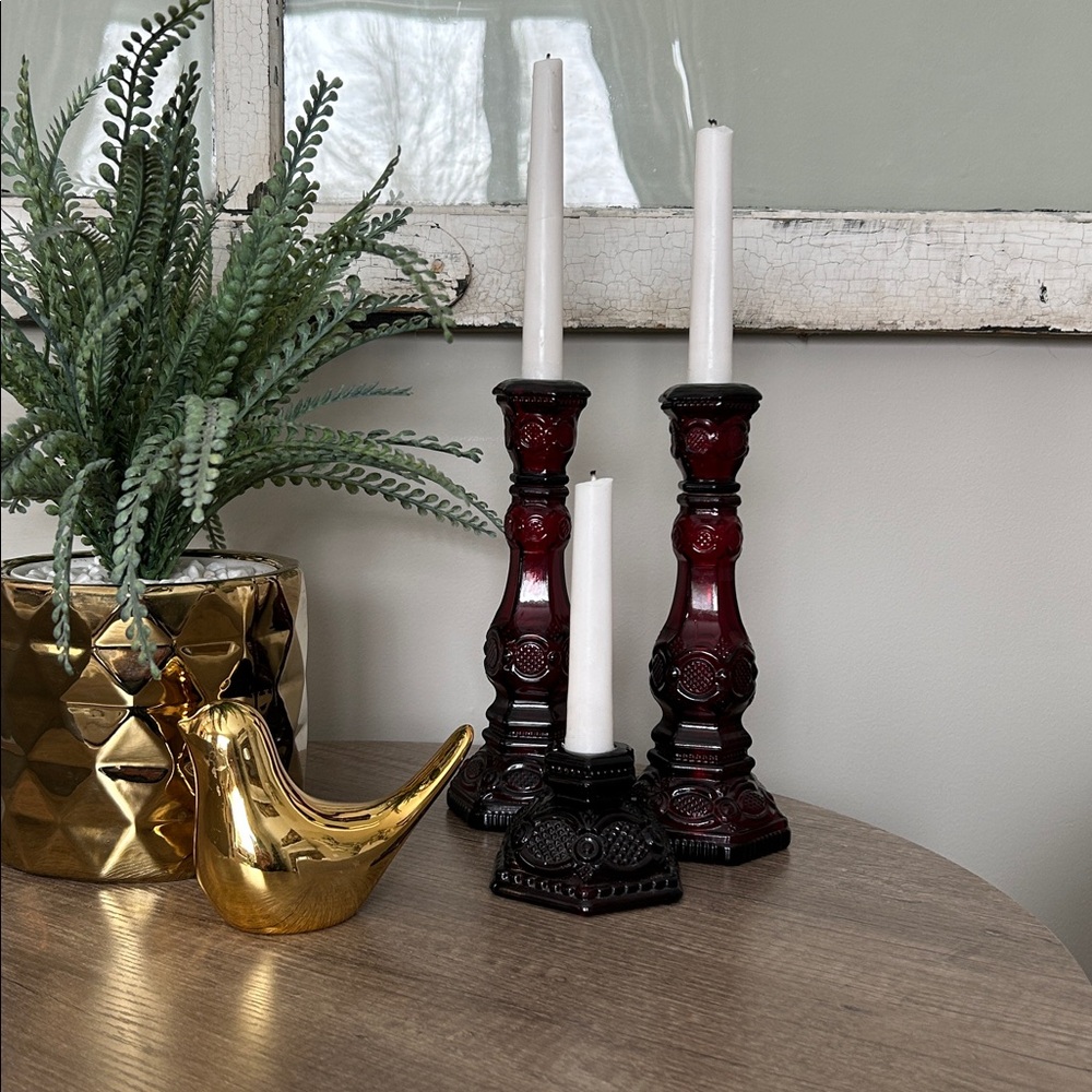 Avon Burgundy Candle Holders. 1876 Cape Cod Collection